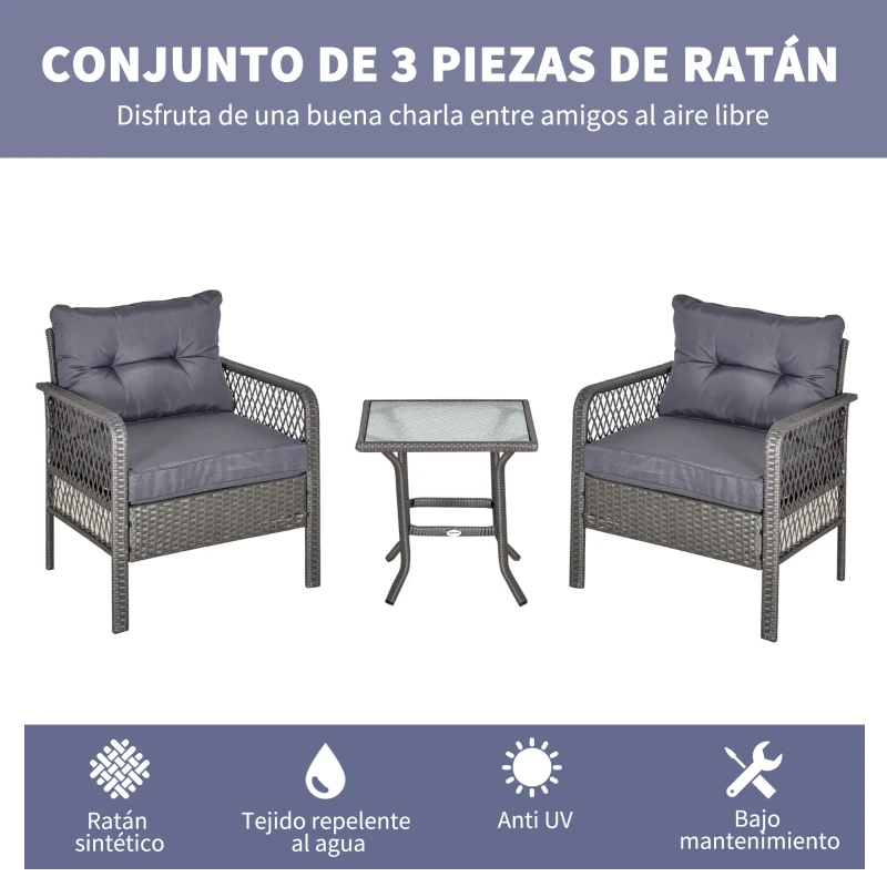 Outsunny Conjunto de Muebles de Ratán Juegos de 3 Piezas de Jardín 2 Sillones 65x66x75 cm y Mesa de Vidrio Templado 50x50x50 cm con Cojines Acolchados para Terraza Patio Gris