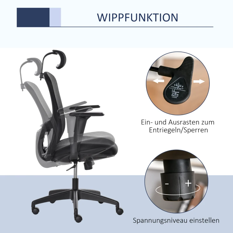 Vinsetto Bürostuhl mit Wippenfunktion Kopflehne Home-Office-Stuhl höhenverstellbarer Schreibtischstuhl ergonomisch 360°-Drehräder Schaumstoff Nylon Schwarz 64 x 64 x 100-109,5 cm