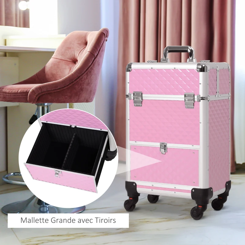 HOMCOM Valise trolley maquillage mallette cosmétique vanity poignée télescopique réglable 34L x 25l x 62H cm alu. rose