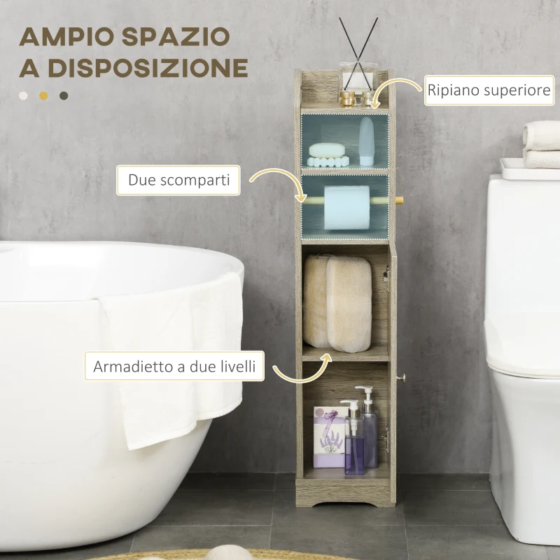 kleankin Mobile Bagno in Truciolato con 2 Ripiani e Armadietto a 2 livelli, 23x18x100cm, Grigio
