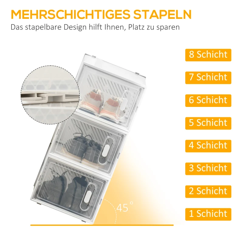 HOMCOM 8-teiliges Schuhregal, stapelbare Schuhboxen für Schuhe bis Größe 46, magnetische Türen, Kunststoff, 28 x 36 x 21 cm(m-4)