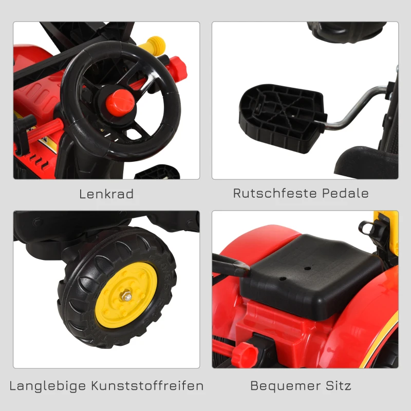 HOMCOM Trettraktor mit Anhänger, Frontlader, verstellbarer Schaufel, Traktor Tretfahrzeug für Kinder ab 3 Jahren Rot