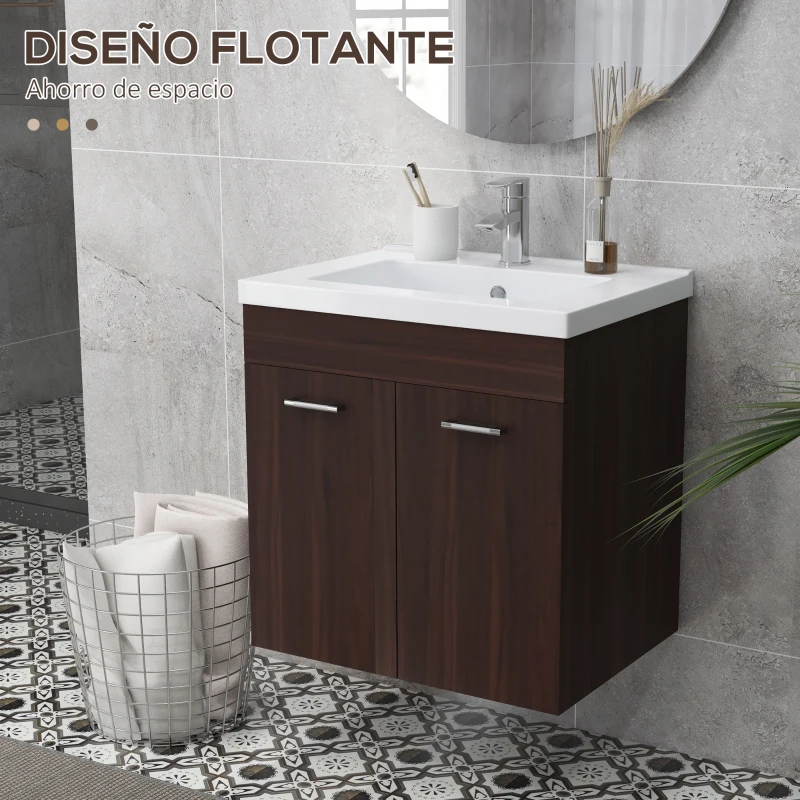 kleankin Mueble de Baño con Lavabo Cerámico Armario Bajo de Lavabo de Pared con 2 Puertas Estante Ajustable 60x45,5x60 cm Marrón