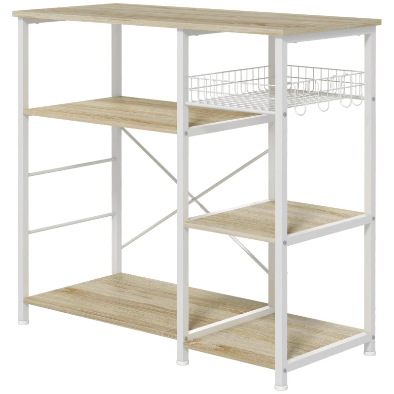 HOMCOM Mobile Cucina Moderno a 4 Ripiani con Cestino e Ganci in Legno e Acciaio, 90x40x84.5cm, Quercia e Bianco