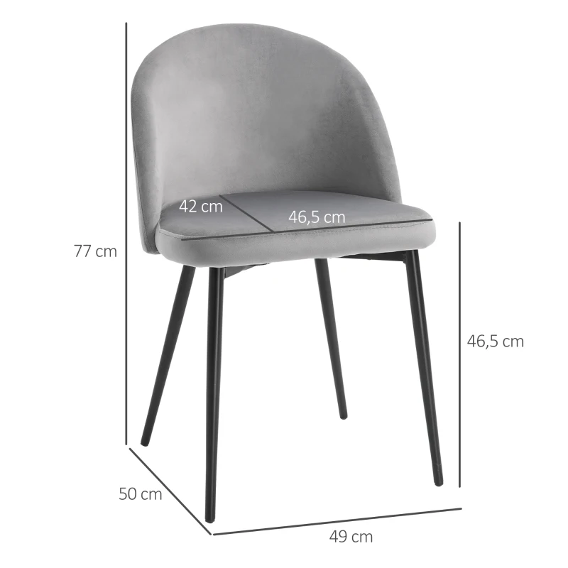 HOMCOM Pack de 2 Sillas de Comedor Tapizadas en Terciopelo con Respaldo Acolchados Patas de Metal Carga 90 kg 49x50x77 cm Gris