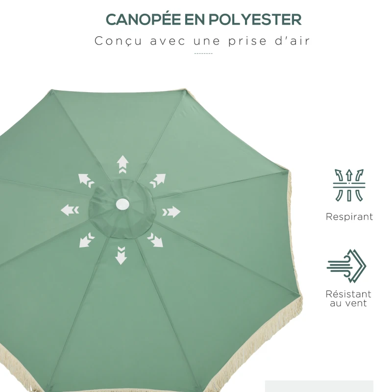 Outsunny Parasol de jardin parasol extérieur inclinable parasol à franges avec manivelle 8 baleines dim. Ø 2,65 x 2,45 H m vert