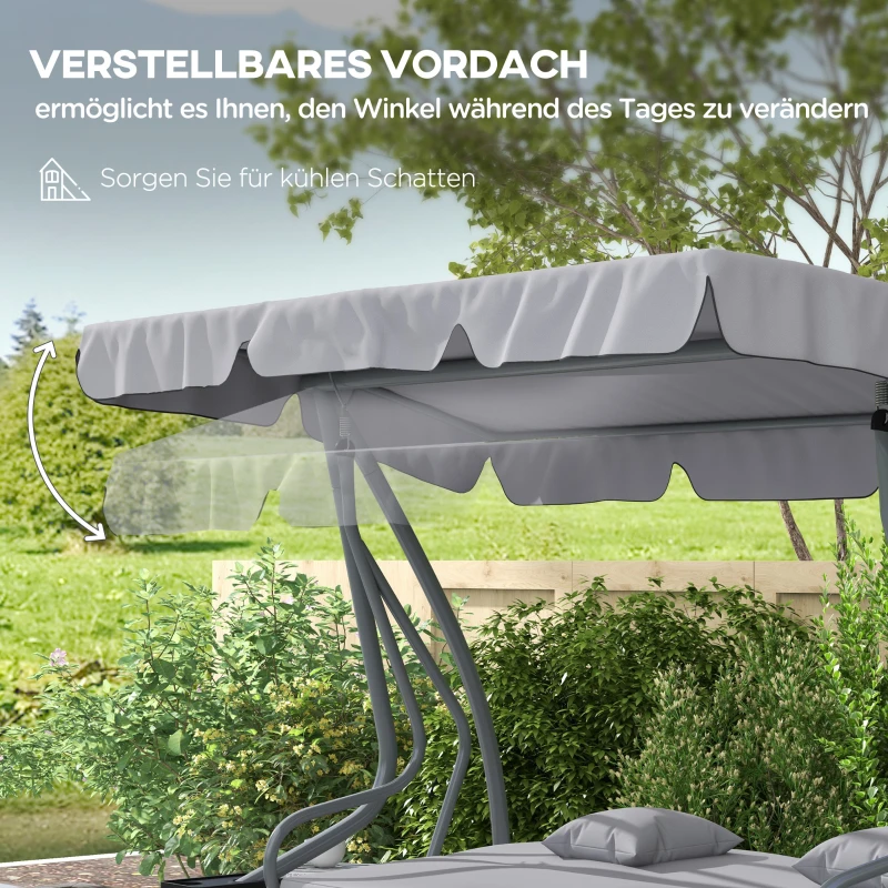 Outsunny 2-in-1 Hollywoodschaukel mit Liegefunktion, verstellbares Dach, bis 340 kg, Stahl, 200x120x164 cm, Grau(m-5)