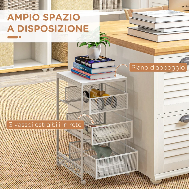HOMCOM Carrello Portaoggetti a 3 Livelli in Truciolato e Acciaio, 34x29.5x57.5 cm, Bianco