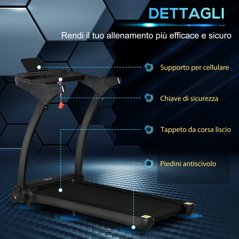 HOMCOM Tapis Roulant Elettrico Pieghevole Salvaspazio 550W, Velocità fino 14 km/h e 12 Programmi, Nero