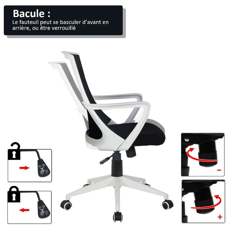 HOMCOM Fauteuil chaise de bureau ergonomique grand confort pivotant 360° hauteur réglable textilène noir blanc
