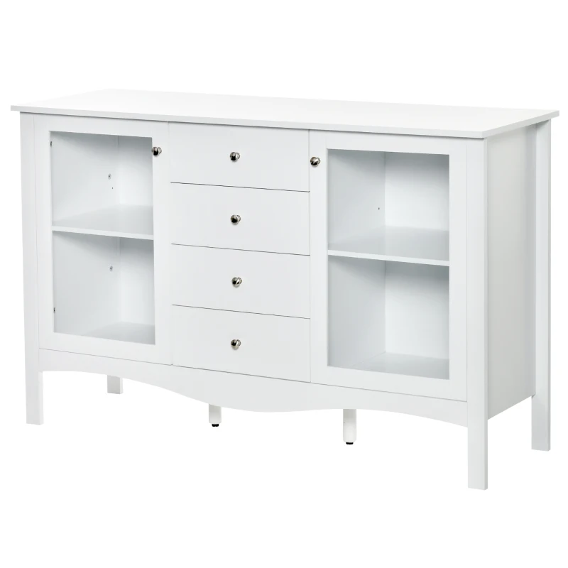 HOMCOM Aparador de Cocina Armario Buffet con 2 Puertas de Vidrio Estante Ajustable Interior y 4 Cajones Mueble Auxiliar para Comedor Salón 136x45x85 cm Blanco