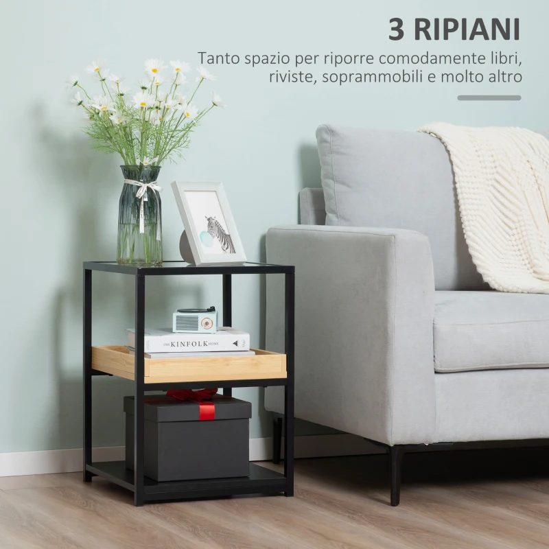 HOMCOM Tavolino da Caffè a 3 Ripiani, Ripiano in Vetro, Mensola in Legno, Struttura in Acciaio, 40x40x55cm