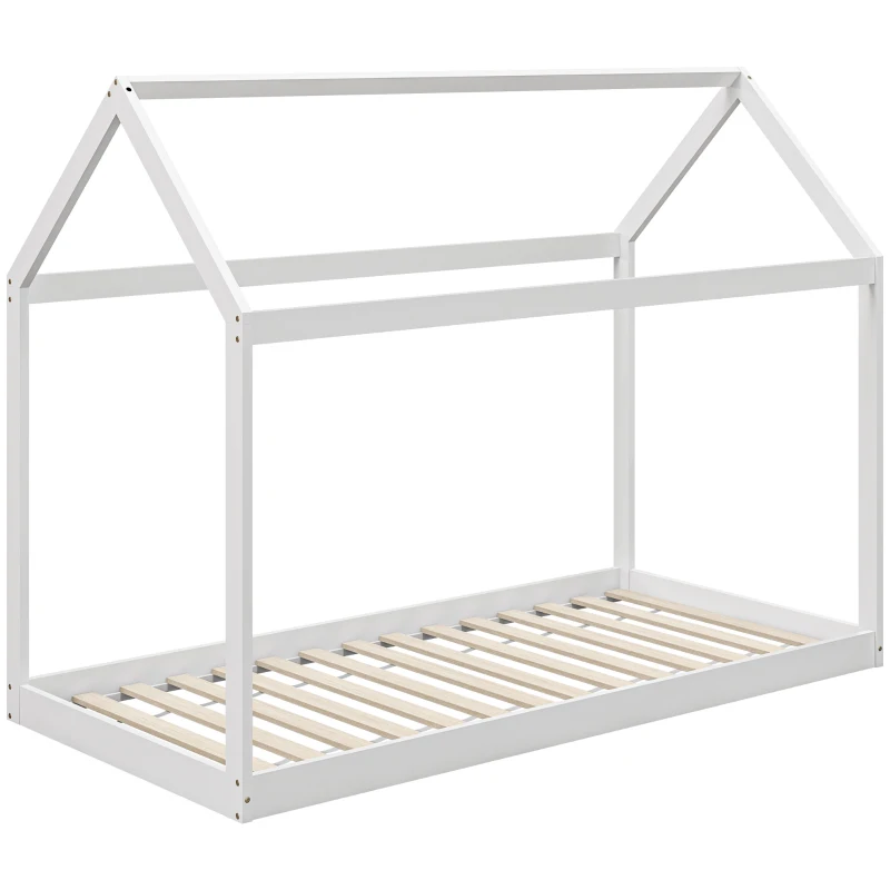 HOMCOM Single Bed Frame, House Scandinavian Style Wooden Bed Frame for 90W x 190Dcm Mattress, Pine Wood Bed Base, White