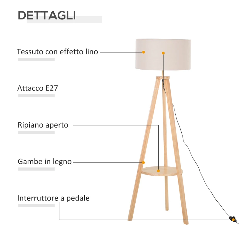 HOMCOM Lampada da Terra con Ripiano Intermedio Paralume in Lino Interruttore a Pedale Risparmio Energetico Altezza 154cm, Legno, 50x50x154 cm