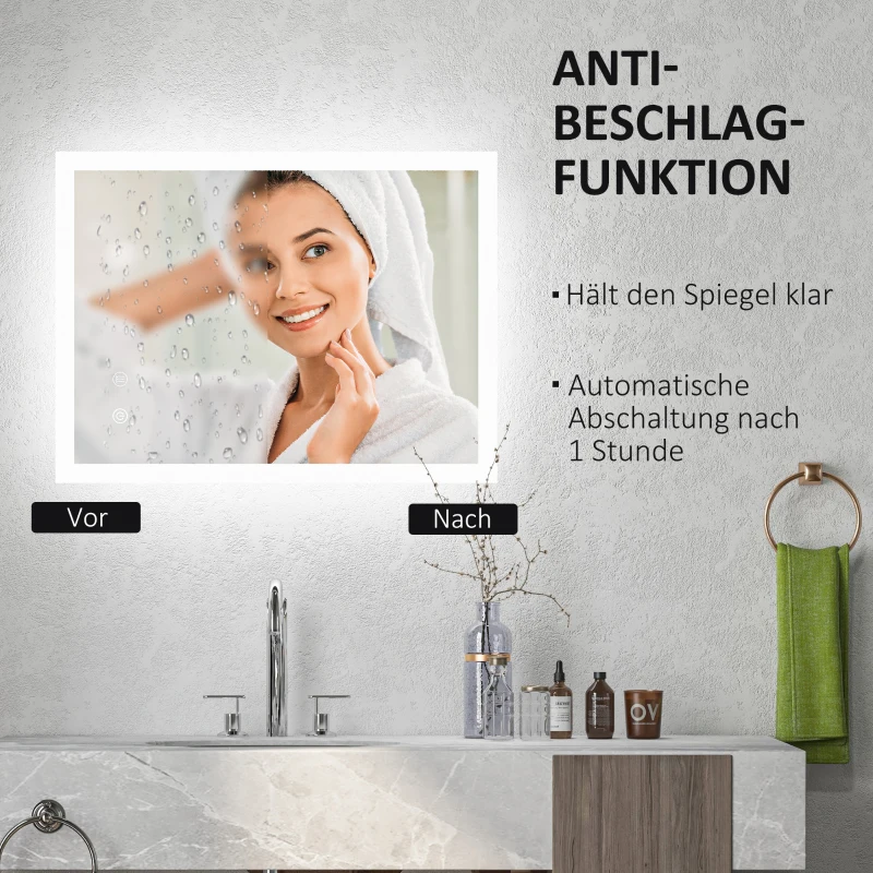 kleankin LED Badezimmerspiegel, Hintergrundbeleuchtung, Touch-Funktion, Memory-Funktion, kein Beschlagen, 80 x 60 cm