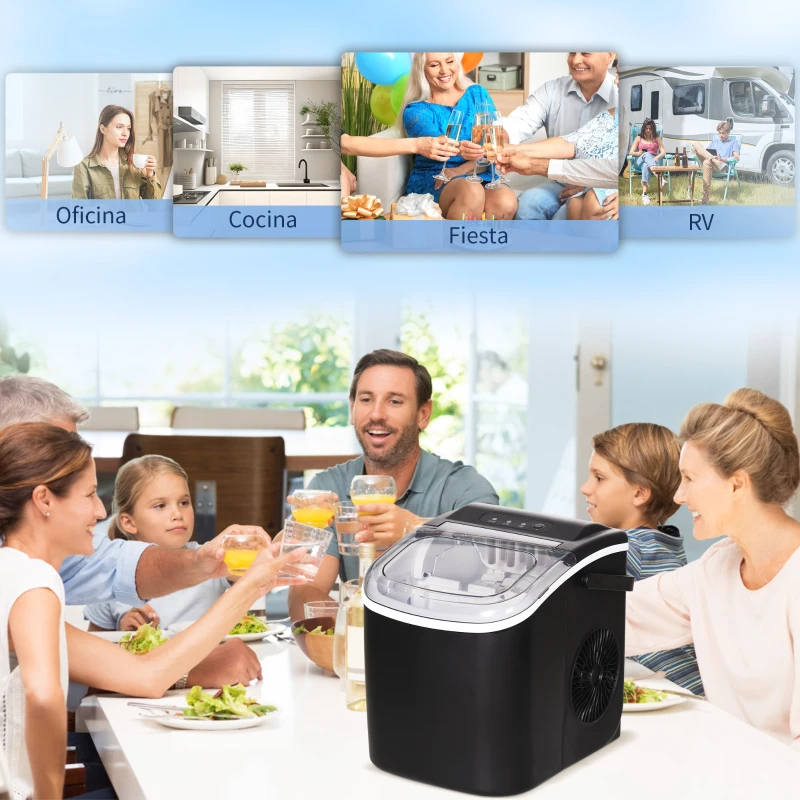 HOMCOM Máquina para Hacer Hielo 12 Kg en 24 Horas 9 Cubitos en 6-12 Minutos Depósito de Agua 1,3 L 22,2x29,4x29 cm Negro