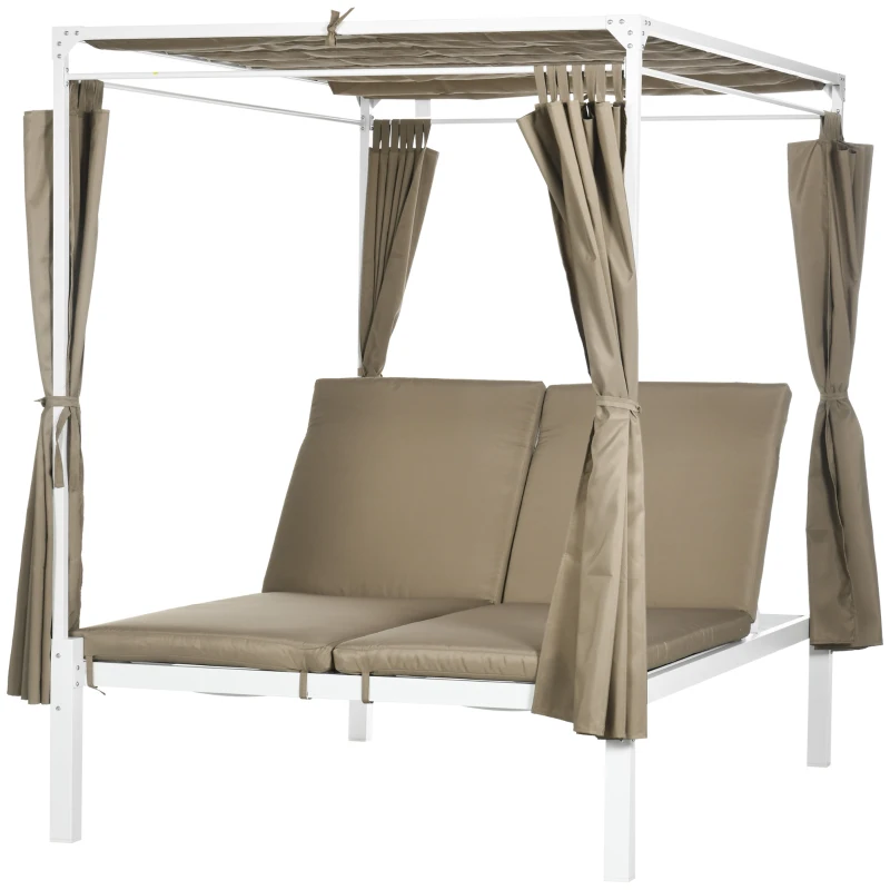 Outsunny Lit de jardin bain de soleil transat inclinable avec auvent rétractable, 2 places - 4 rideaux et matelas