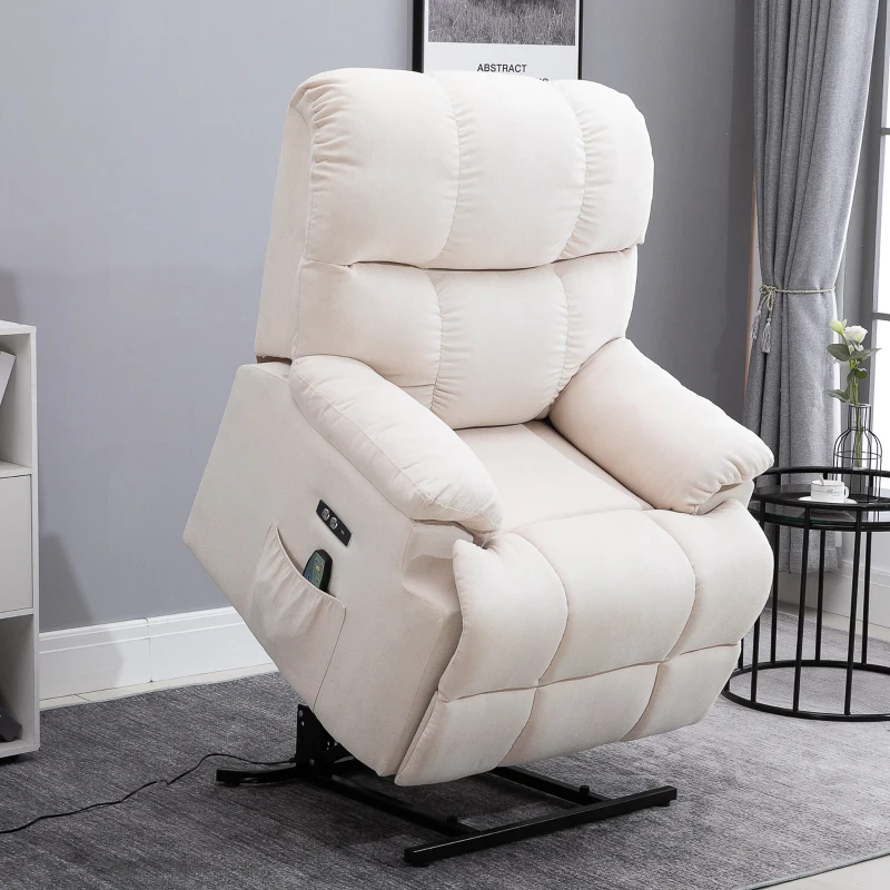HOMCOM Sessel mit Aufstehhilfe, Massagesessel, Relaxsessel mit USB-Anschluss, Fernsehsessel mit Fernbedienung, Seitentasche, Neigebarer TV-Sessel mit Samtoptik, Beige