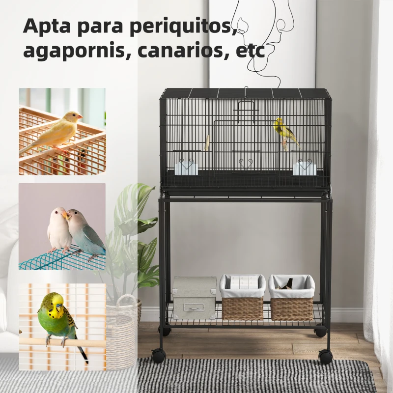 PawHut Jaula para Pájaros con Ruedas 77x46x119 cm Jaula Metálica para Aves con Bandeja Extraíble 2 Perchas 2 Comederos Negro