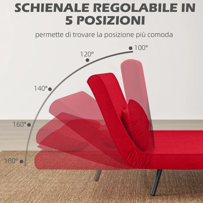 HOMCOM Divano Letto in Tessuto Effetto Velluto con Schienale Regolabile e 2 Cuscini, 102x73x81 cm, Rosso