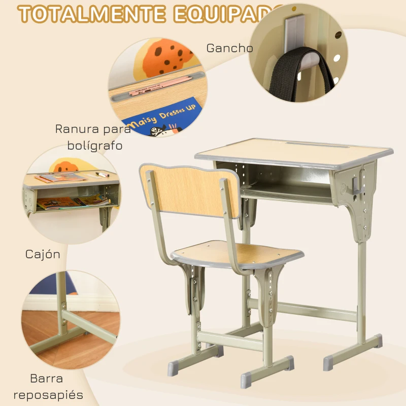 HOMCOM Juego de Escritorio y Silla para Niños de +6 Años Altura Ajustable con Cajón y Gancho Natural