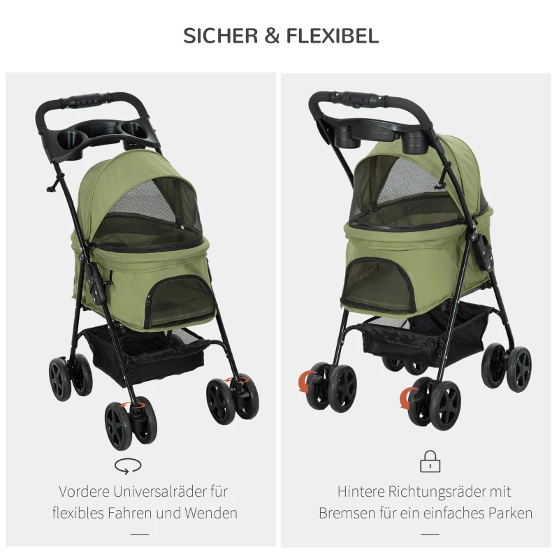 PawHut Hundewagen Hundebuggy, klappbar, 2 Sicherheitsleinen, 2 Becherhalter, 67 x 45 x 96 cm, Khaki(m-5)