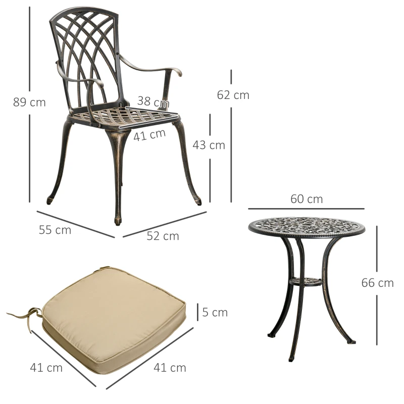 Outsunny 3pc Cast Aluminium Garden Bistro Set for 2 with Parasol Hole, Outdoor Coffee Table Set Rust Resistant with Cushions, Bronze