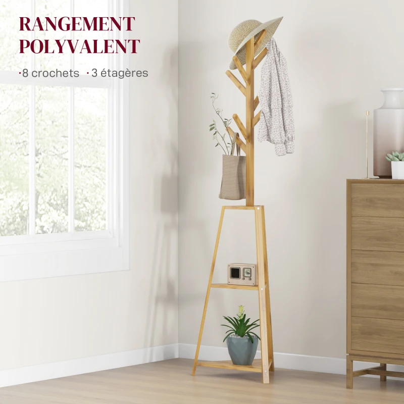 HOMCOM Portemanteau sur pied en bois bambou portant à vêtements 8 patères 3 étagères 46 x 46 x 175 cm naturel