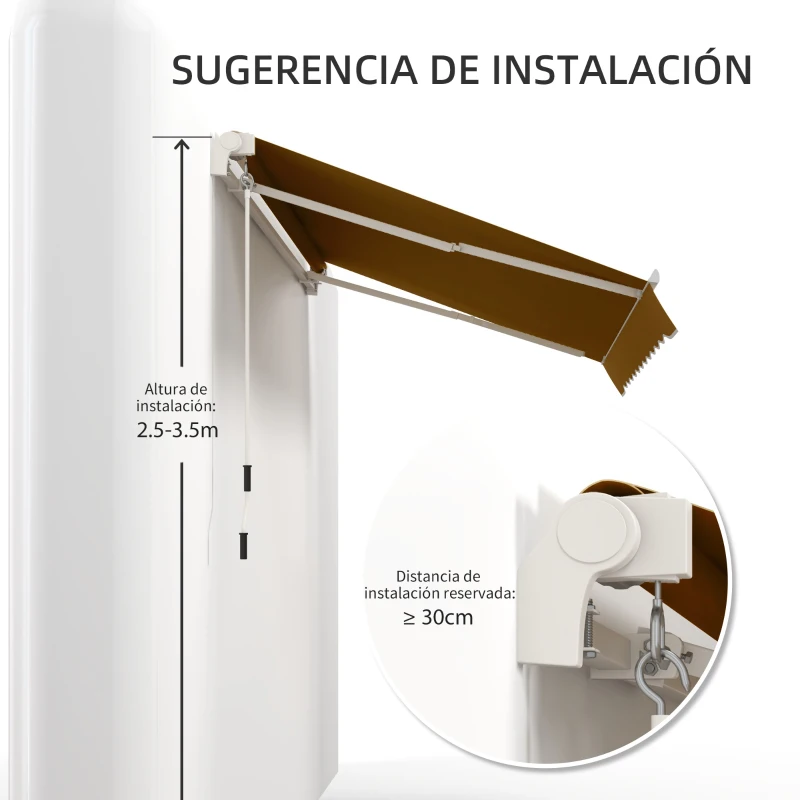 Outsunny Toldo de Pared con Brazo Articulado y Manivela Marco Resistente de Aluminio y Cubierta de Poliéster 295x245 cm Café