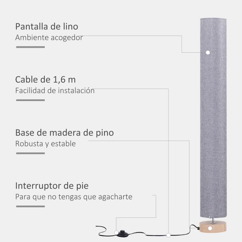 HOMCOM Lámpara de Pie Lámpara de Salón con Casquillo Máx. 40 W E27 Pantalla de Lino y Marco de Metal Ø15x120 cm Gris