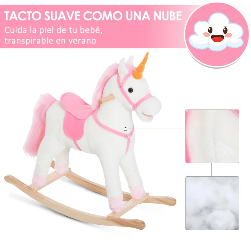 HOMCOM Caballito Balancín de Peluche Balancín Caballo Caballito Madera Juguete de Mecedora para Niños +3 Años 78x28x68cm Forma Unicornio