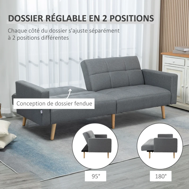 HOMCOM Canapé convertible 2 places design scandinave inclinaison dossier réglable 2 niveaux 205 x 88 x 80 cm gris