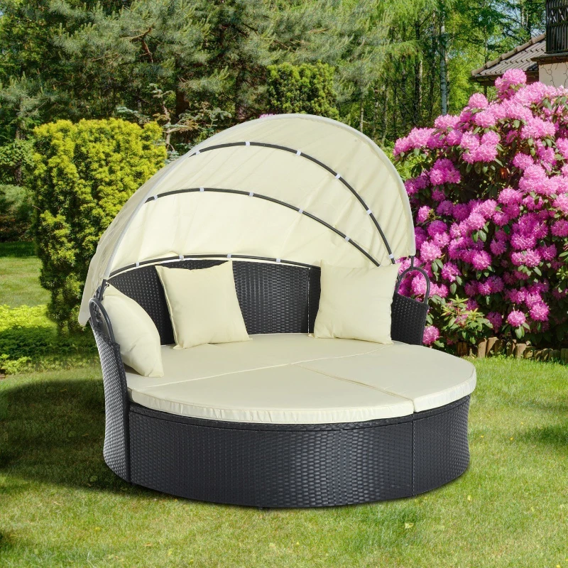 Outsunny Divano da Giardino in Rattan Modulabile con Tenda Parasole, Lettino, Poggiapiedi e Cuscini, Crema e Nero