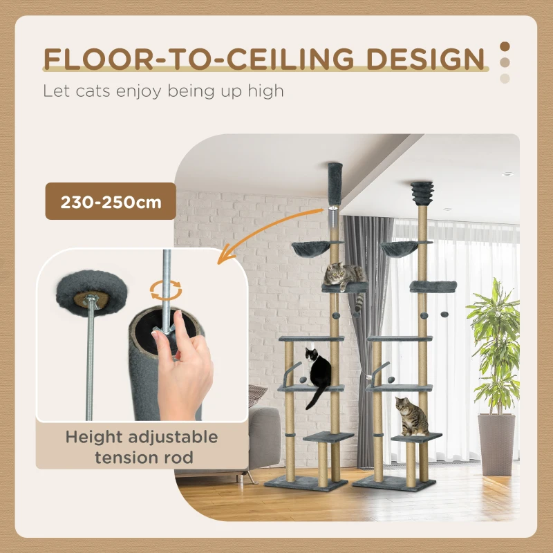 PawHut 230-250cm Floor-to-Ceiling Climbing Cat Tree Tower - Grey