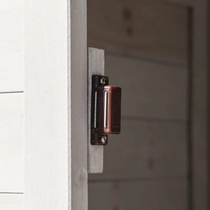 Outsunny Garden Shed Outdoor Wooden Garden Cabinet 4-Tier Storage Shed 3 Shelves Lockable Organizer with Handle Tin Roof Magnetic Latch Foot Pad 90 x 63 x 200cm Light Grey