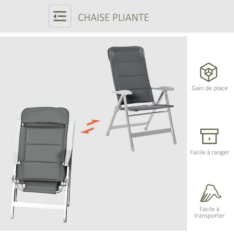 Outsunny Chaise de jardin pliante dossier haut inclinable multipositions accoudoirs tétière alu. oxford déperlant gris