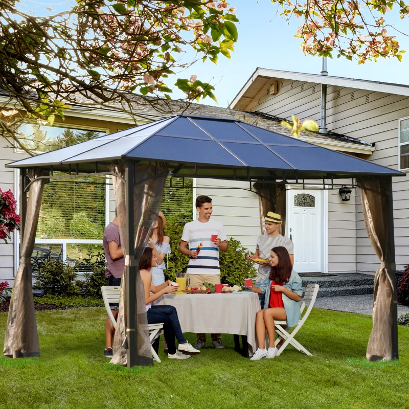 Outsunny Gazebo da Giardino con Zanzariera 3.6x3m Tetto Policarbonato Marrone