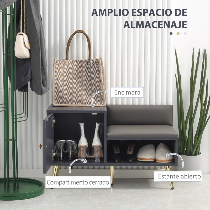 HOMCOM Banco Zapatero para 4 Pares con Compartimento Abierto y Asiento con Cojín para Entrada Pasillo 80x33x49 cm Gris