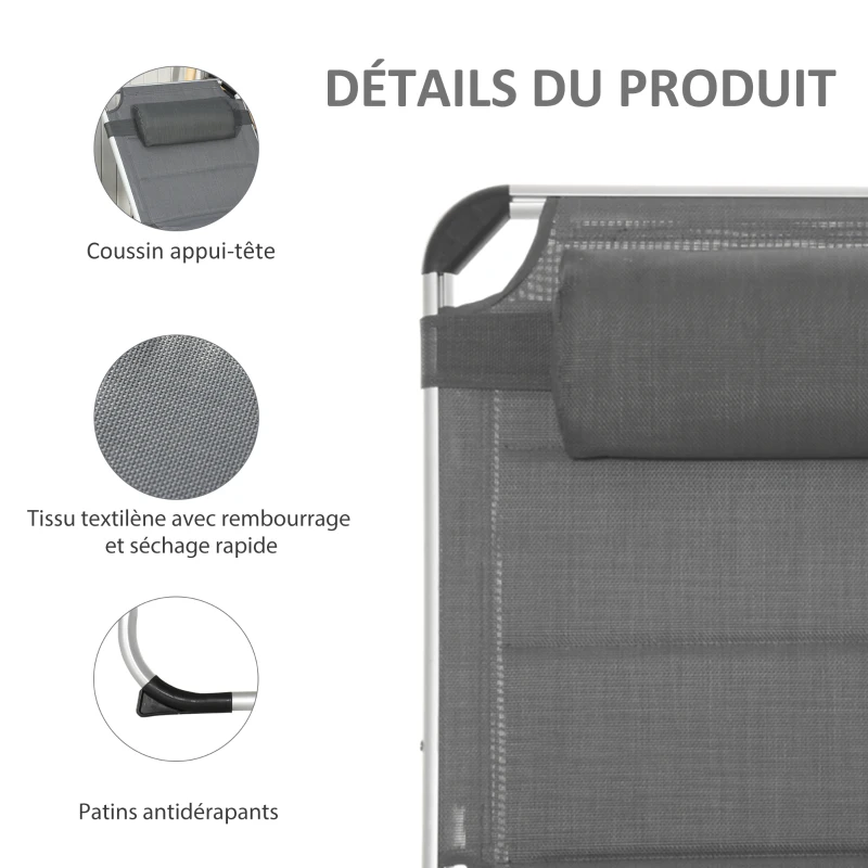 Outsunny Bain de soleil transat pliable dossier réglable multi-positions matelassage tétière aluminium textilène gris