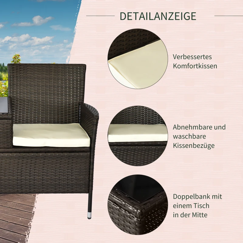 Outsunny Gartenbank Polyrattan 2-Sitzer UV-beständig Sitzbank mit Tisch Kissen Rückenlehne Gartenmöbel Parkbank bis 240kg belastbar Balkonbank für Garten Terrasse Balkon 133x63x84cm, Braun