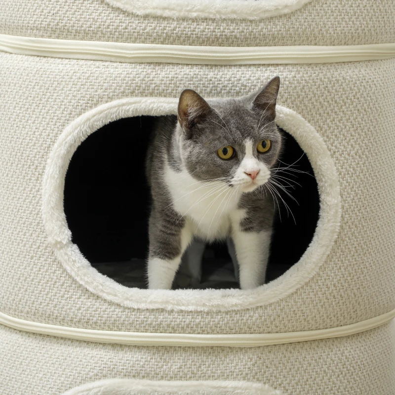 PawHut Katzenfass, 4 Ebenen, mit Kissen, Kratzmatte, Spielbällen, Katzenhaus für Innenbereich, Beige