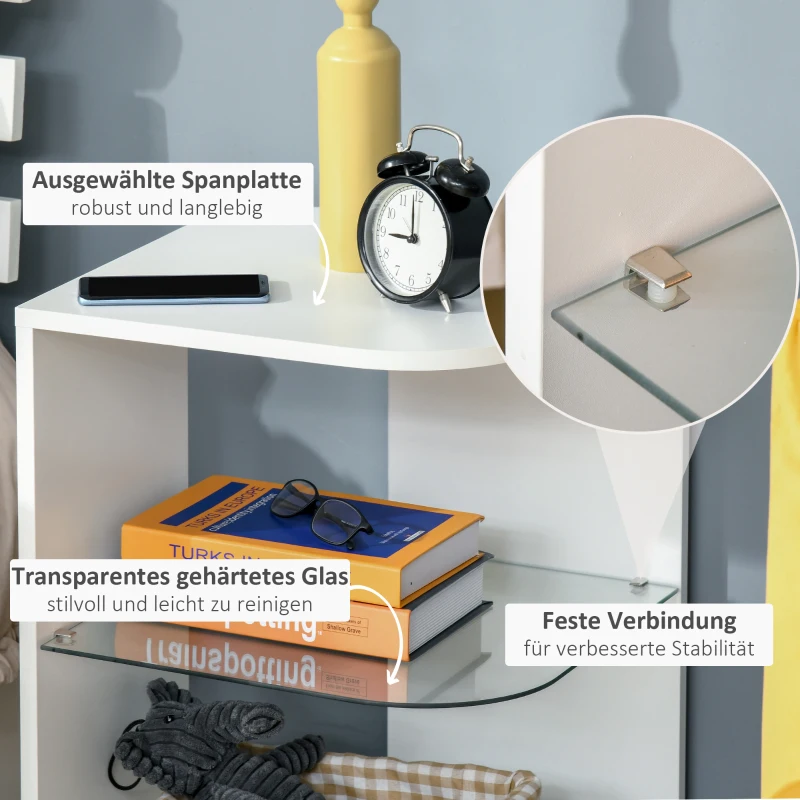 HOMCOM Beistelltisch 3-Schicht moderner Nachttisch mit 2 Ablagefächern geeignet für Wohnzimmer Schlafzimmer Material aus Spanplatte gehärtetem Glas Weiß 40 x 40 x 56 cm