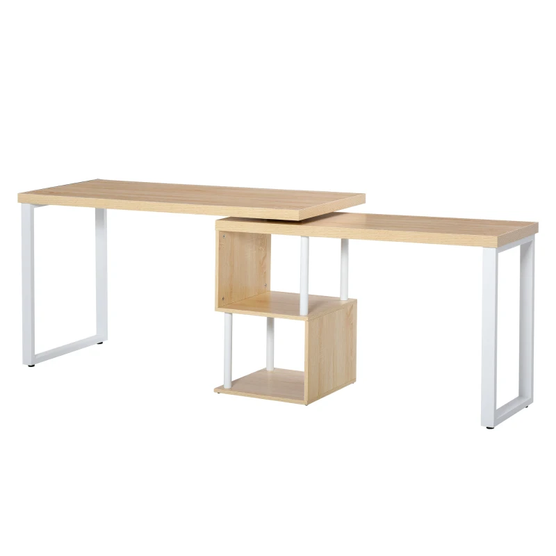 HOMCOM 360° Rotating Corner Desk L-Shaped Dining Table with Storage Shelf Workstation Writing Table Home Office Oak Tone
