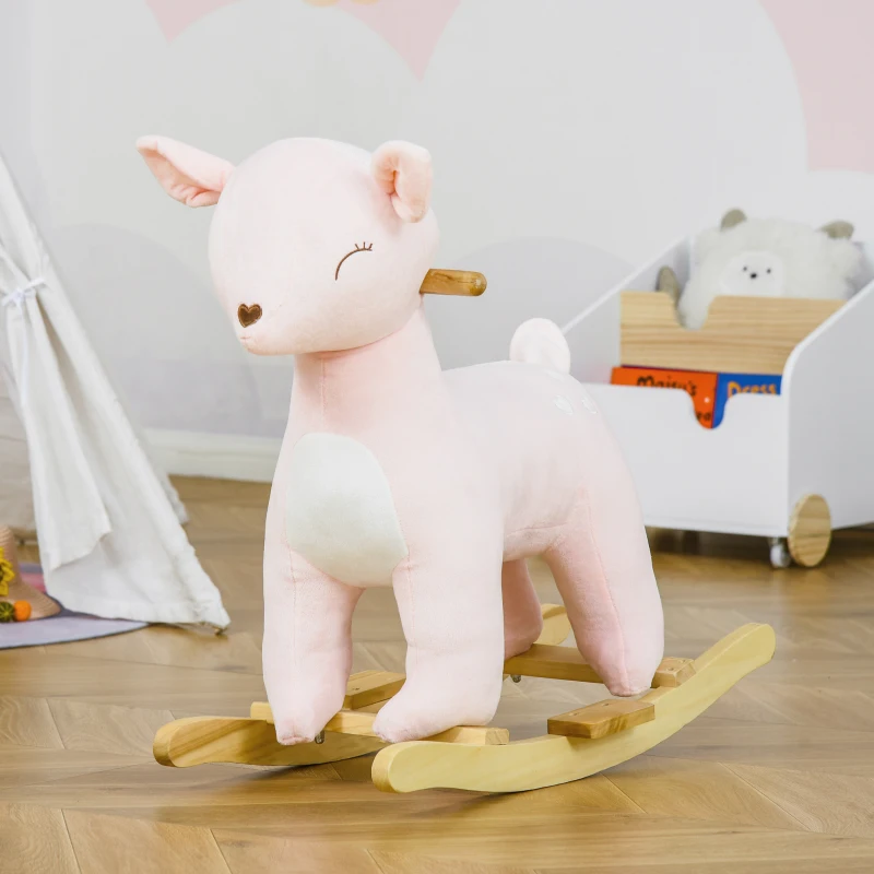 HOMCOM Caballito Balancín Forma de Ciervo para Niños de +3 Años Balancín Mecedora de Felpa con Sonidos y Base de Madera 68x35,5x64 cm Rosa