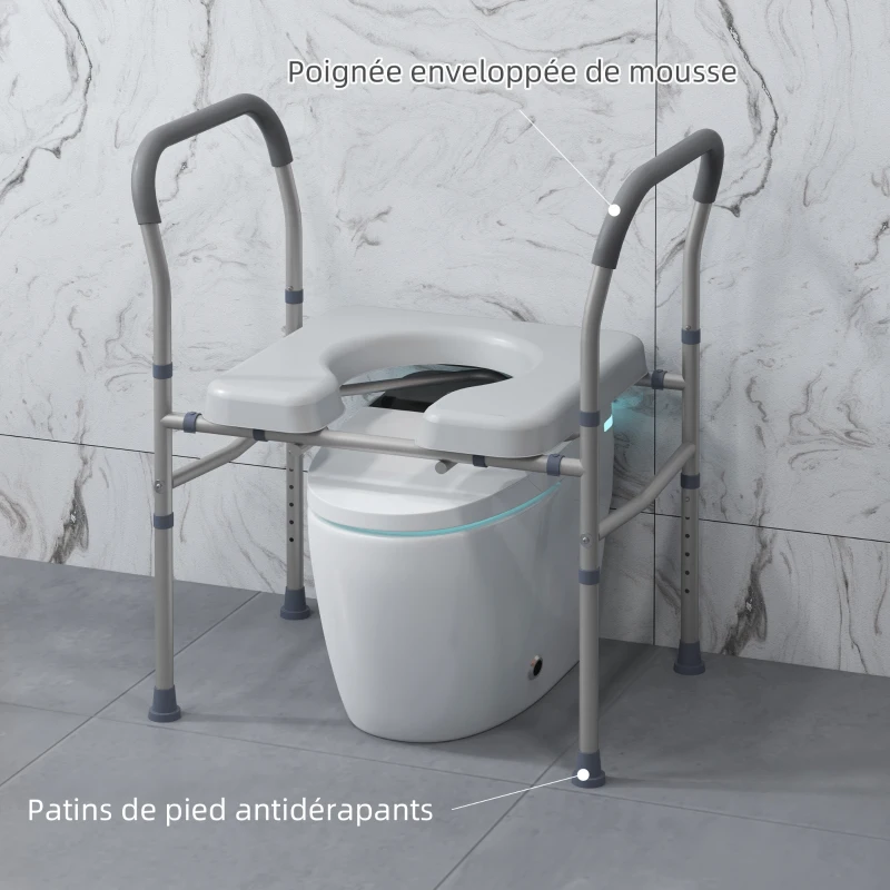 HOMCOM Siège de toilette percé multifonctionnel 4 en 1 avec hauteur réglable siège rembourré avec poignée gris