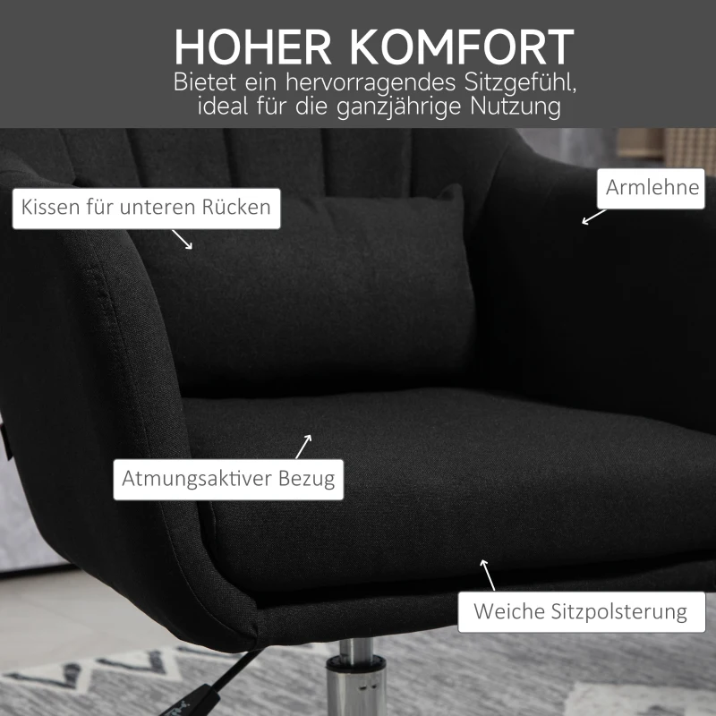 HOMCOM Drehstuhl, höhenverstellbarer Bürostuhl, leinenartiges Polyester, Metall, 60 x 60 x 79-91 cm, Schwarz(m-6)