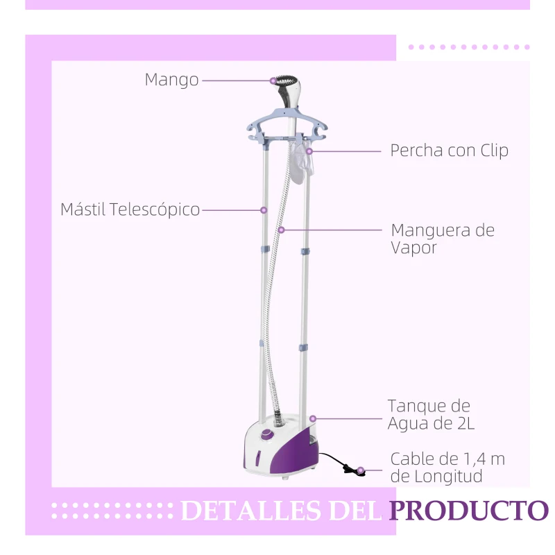 HOMCOM Plancha de Vapor Vertical 1950W 2 L con Temperatura Ajustable en 11 Niveles y Barra Telescópica Morado