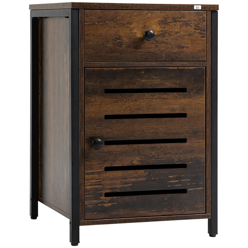 HOMCOM Nachttisch im Industriedesign, Nachtkommode, Beistelltisch, 1 Schublade, 1 Schrank, Schwarz + Braun
