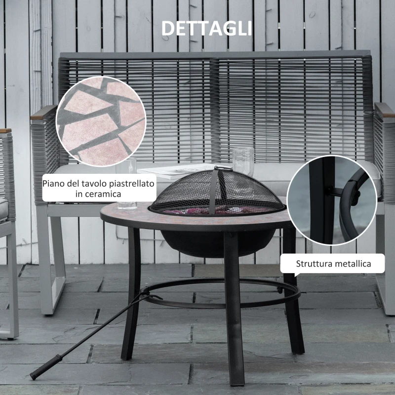 Outsunny Braciere da Giardino con Coperchio Parascintille, Attizzatoio e Piano in Ceramica, 68x68x45 cm, Nero