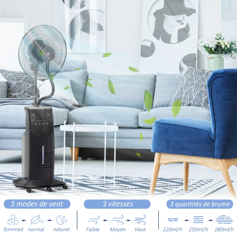 HOMCOM Ventilateur brumisateur silencieux 90 W sur roulettes 3 modes 3 vitesses, télécommande, minuterie, oscillation, noir